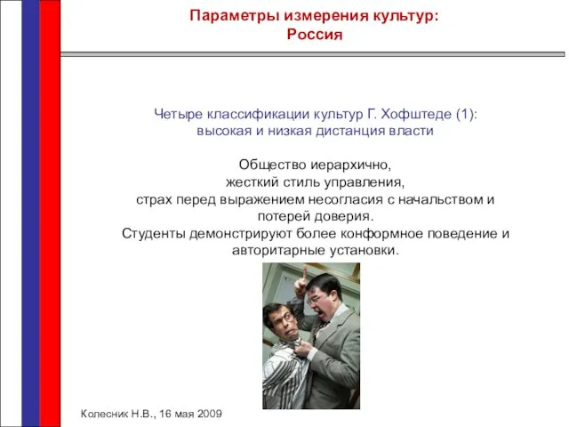 Параметры измерения культур: Россия Колесник Н.В., 16 мая 2009 Четыре классификации культур