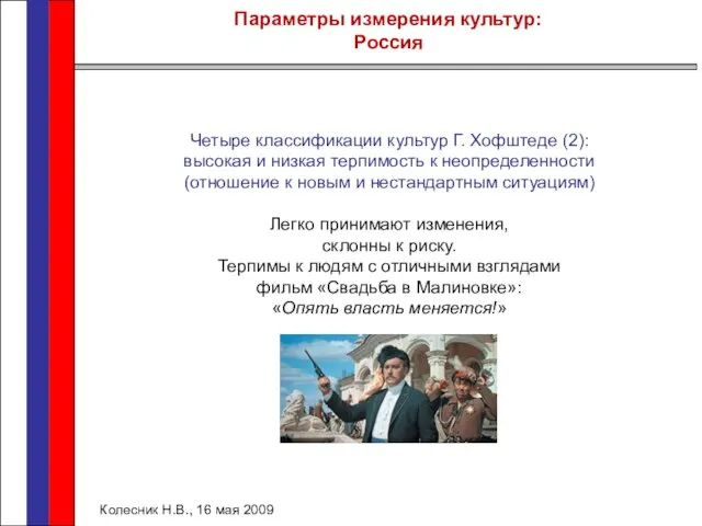 Параметры измерения культур: Россия Колесник Н.В., 16 мая 2009 Четыре классификации культур