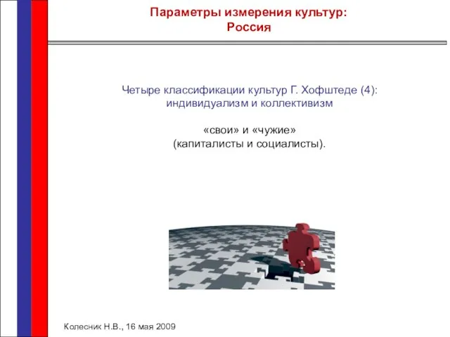 Параметры измерения культур: Россия Колесник Н.В., 16 мая 2009 Четыре классификации культур