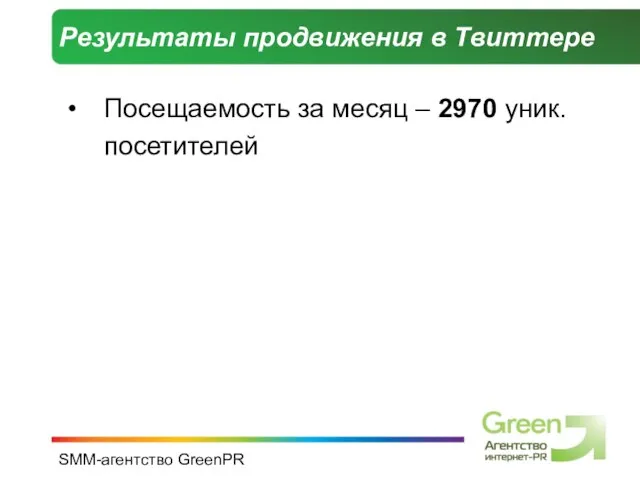 SMM-агентство GreenPR Результаты продвижения в Твиттере Посещаемость за месяц – 2970 уник. посетителей
