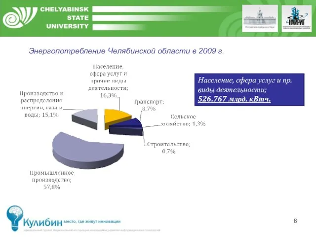 Население, сфера услуг и пр. виды деятельности; 526.767 млрд. кВтч. Энергопотребление Челябинской области в 2009 г.