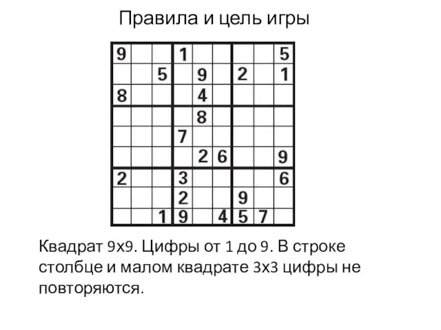 Правила и цель игры Квадрат 9х9. Цифры от 1 до 9. В