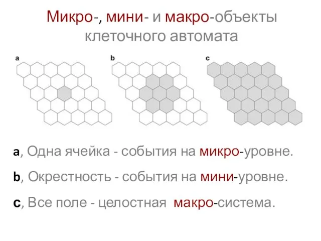 Микро-, мини- и макро-объекты клеточного автомата a, Одна ячейка - события на