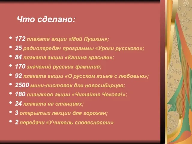 Что сделано: 172 плаката акции «Мой Пушкин»; 25 радиопередач программы «Уроки русского»;