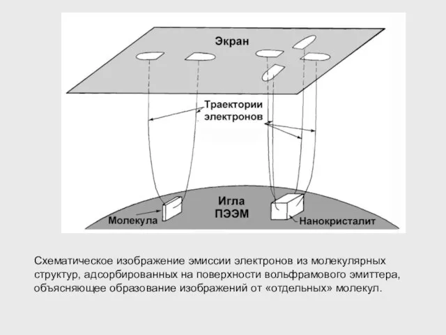 Схематическое изображение эмиссии электронов из молекулярных структур, адсорбированных на поверхности вольфрамового эмиттера,