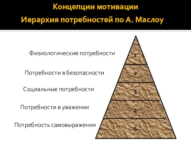 Концепции мотивации Иерархия потребностей по А. Маслоу Физиологические потребности Потребности в безопасности