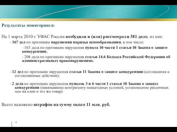 Результаты мониторинга: На 1 марта 2010 г. УФАС России возбудили и (или)
