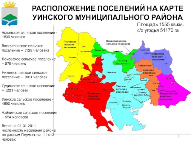 РАСПОЛОЖЕНИЕ ПОСЕЛЕНИЙ НА КАРТЕ УИНСКОГО МУНИЦИПАЛЬНОГО РАЙОНА Площадь 1555 кв.км. с/х угодья