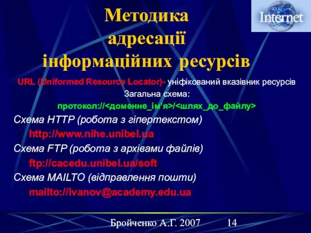 Бройченко А.Г. 2007 Методика адресації інформаційних ресурсів URL (Uniformed Resource Locator)- уніфікований