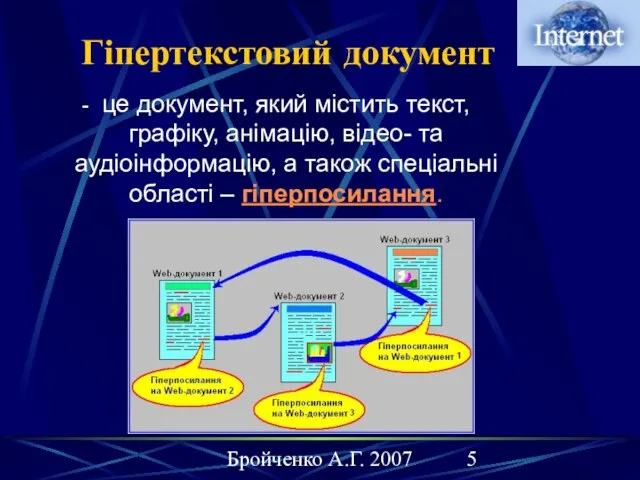 Бройченко А.Г. 2007 Гіпертекстовий документ це документ, який містить текст, графіку, анімацію,