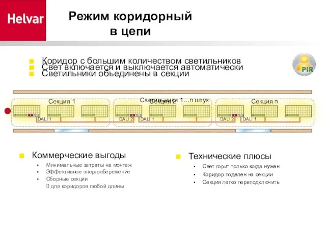 Режим коридорный в цепи Коридор с большим количеством светильников Светильники объединены в