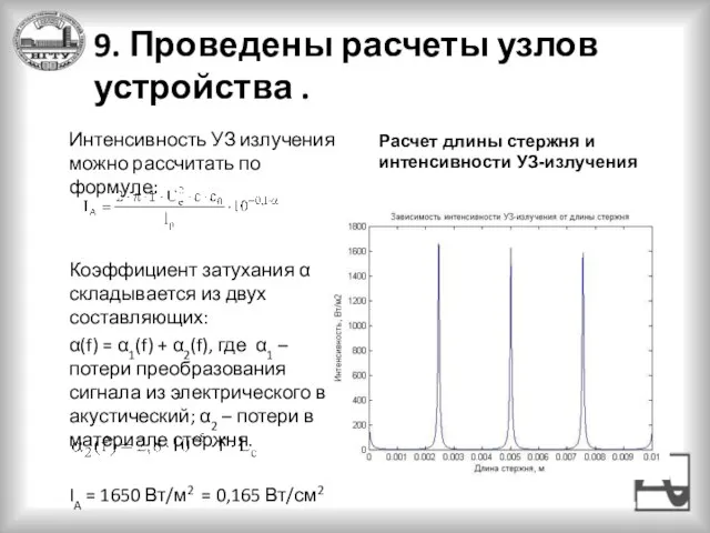 9. Проведены расчеты узлов устройства . Интенсивность УЗ излучения можно рассчитать по