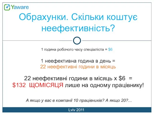 Обрахунки. Скільки коштує неефективність? Lviv 2011 1 година робочого часу спеціаліста =