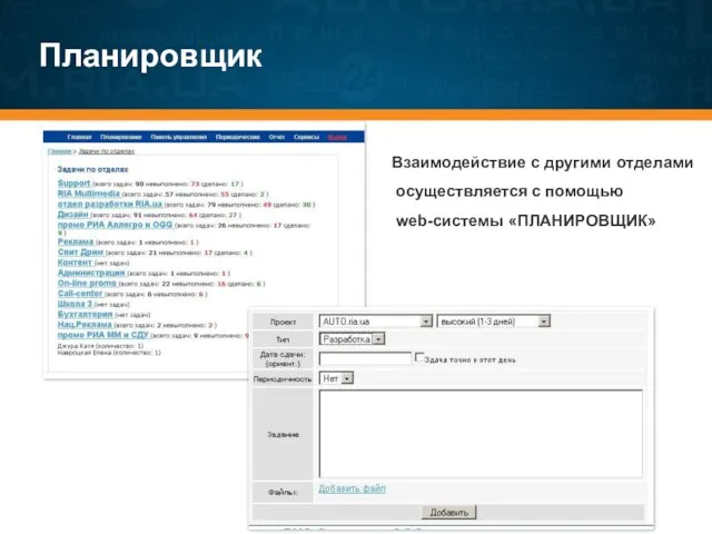 Планировщик Взаимодействие с другими отделами осуществляется с помощью web-системы «ПЛАНИРОВЩИК»