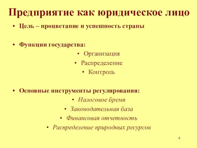 Предприятие как юридическое лицо Цель – процветание и успешность страны Функции государства: