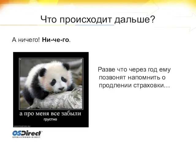 Что происходит дальше? А ничего! Ни-че-го. Разве что через год ему позвонят напомнить о продлении страховки…