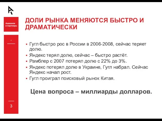 * ДОЛИ РЫНКА МЕНЯЮТСЯ БЫСТРО И ДРАМАТИЧЕСКИ Гугл быстро рос в России