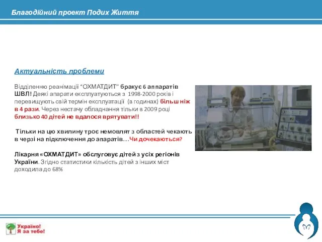 Актуальність проблеми Відділенню реанімації “ОХМАТДИТ” бракує 6 аппаратів ШВЛ! Деякі апарати експлуатуються