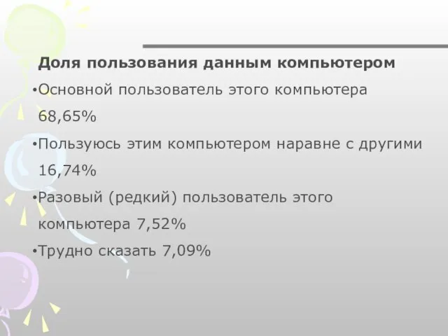 Доля пользования данным компьютером Основной пользователь этого компьютера 68,65% Пользуюсь этим компьютером