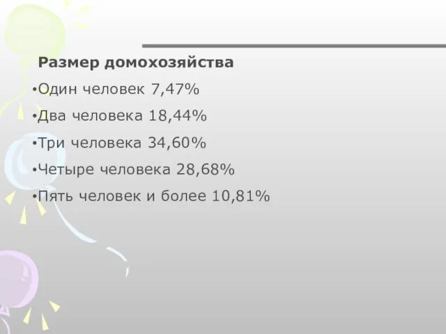 Размер домохозяйства Один человек 7,47% Два человека 18,44% Три человека 34,60% Четыре