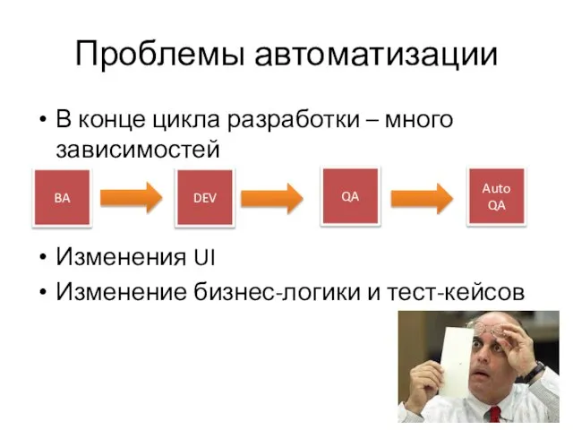 Проблемы автоматизации В конце цикла разработки – много зависимостей Изменения UI Изменение