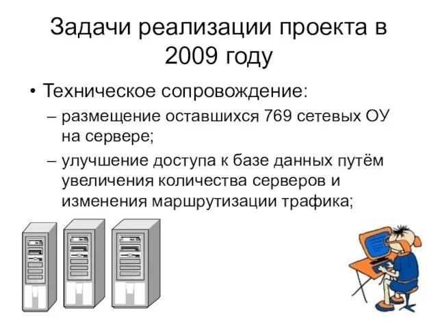 Задачи реализации проекта в 2009 году Техническое сопровождение: размещение оставшихся 769 сетевых