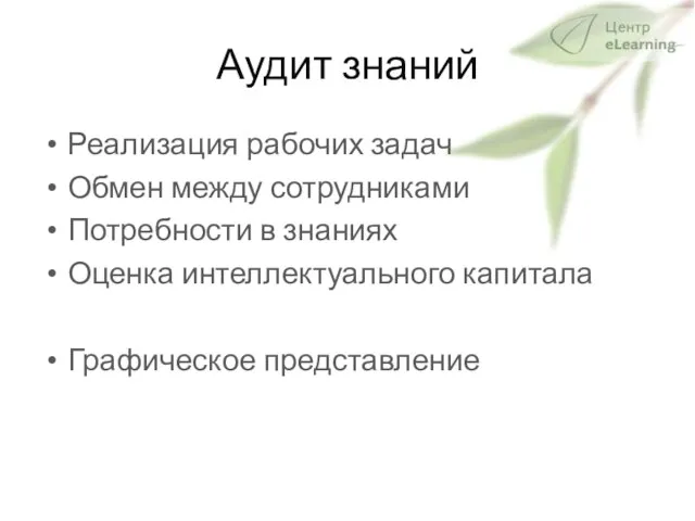 Аудит знаний Реализация рабочих задач Обмен между сотрудниками Потребности в знаниях Оценка интеллектуального капитала Графическое представление