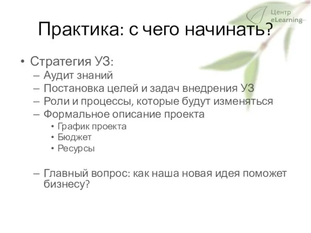 Практика: с чего начинать? Стратегия УЗ: Аудит знаний Постановка целей и задач