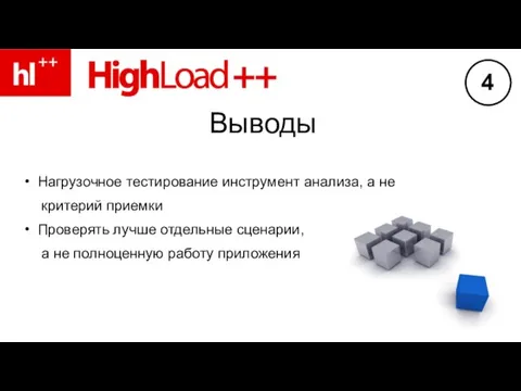 Выводы Нагрузочное тестирование инструмент анализа, а не критерий приемки Проверять лучше отдельные