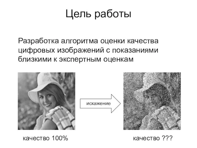 Цель работы Разработка алгоритма оценки качества цифровых изображений с показаниями близкими к