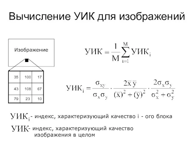 Вычисление УИК для изображений - индекс, характеризующий качество i - ого блока