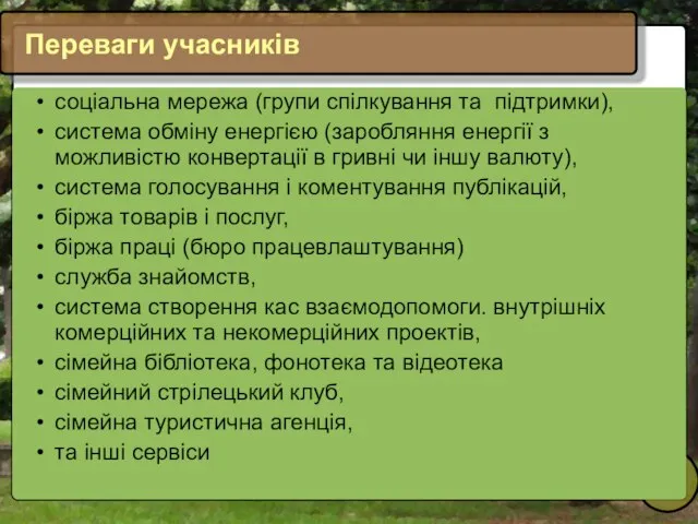 Переваги учасників соціальна мережа (групи спілкування та підтримки), система обміну енергією (заробляння