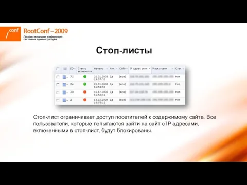 Стоп-листы Стоп-лист ограничивает доступ посетителей к содержимому сайта. Все пользователи, которые попытаются