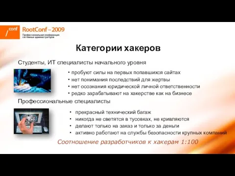 Категории хакеров Студенты, ИТ специалисты начального уровня Профессиональные специалисты пробуют силы на