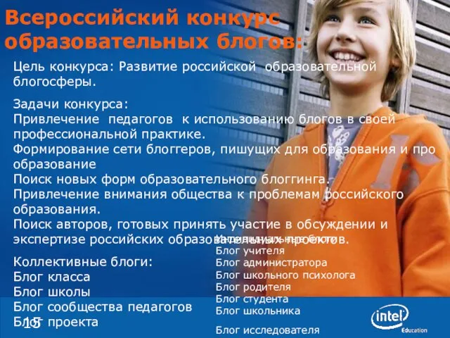 Всероссийский конкурс образовательных блогов: Цель конкурса: Развитие российской образовательной блогосферы. Задачи конкурса: