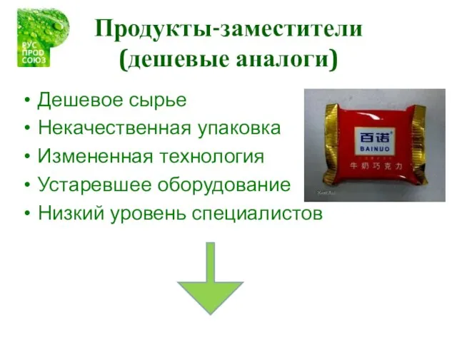 Продукты-заместители (дешевые аналоги) Дешевое сырье Некачественная упаковка Измененная технология Устаревшее оборудование Низкий уровень специалистов