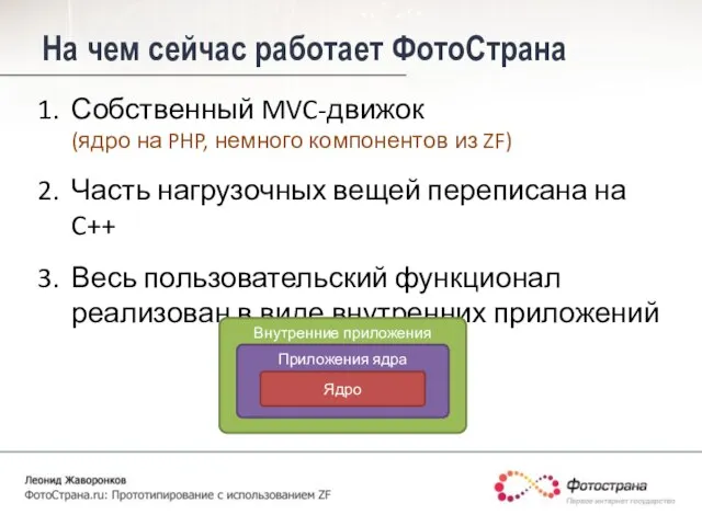 На чем сейчас работает ФотоСтрана Собственный MVC-движок (ядро на PHP, немного компонентов