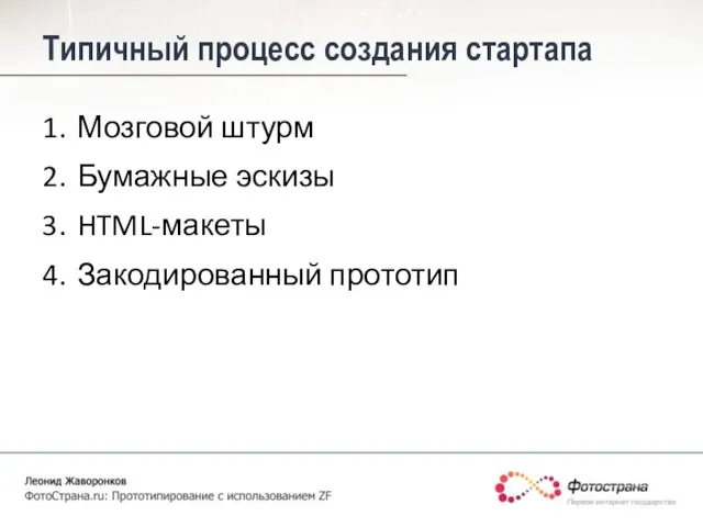 Типичный процесс создания стартапа Мозговой штурм Бумажные эскизы HTML-макеты Закодированный прототип