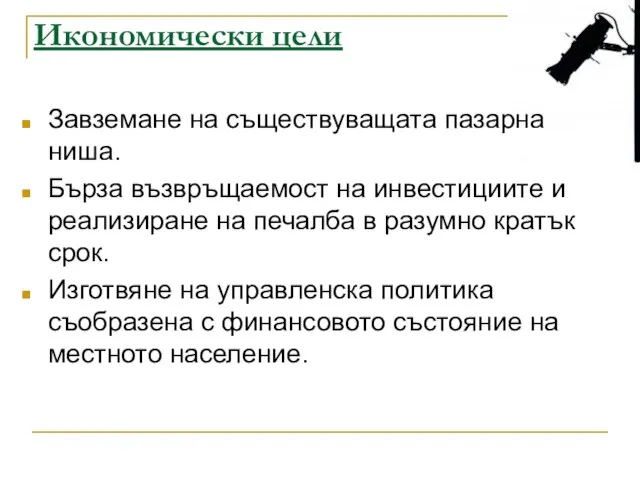 Икономически цели Завземане на съществуващата пазарна ниша. Бърза възвръщаемост на инвестициите и