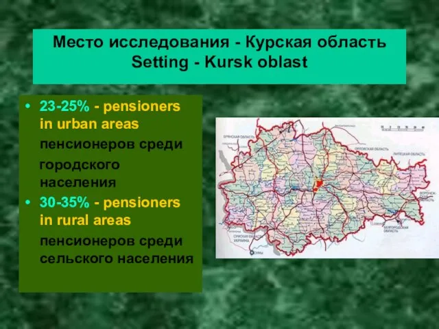Место исследования - Курская область Setting - Kursk oblast 23-25% - pensioners