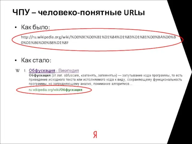 ЧПУ – человеко-понятные URLы Как было: http://ru.wikipedia.org/wiki/%D0%9E%D0%B1%D1%84%D1%83%D1%81%D0%BA%D0%B0%D1%86%D0%B8%D1%8F Как стало: