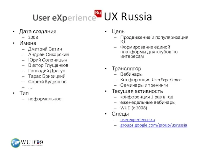 UX Russia Дата создания 2008 Имена Дмитрий Сатин Андрей Сикорский Юрий Солоницын