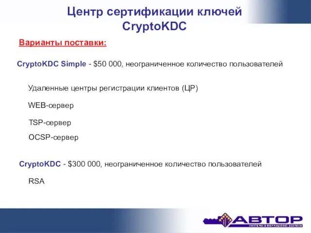 Центр сертификации ключей CryptoKDC OCSP-сервер Варианты поставки: CryptoKDC Simple - $50 000,