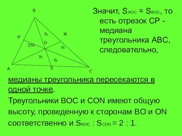 Значит, SAOC = SBOC, то есть отрезок CP - медиана треугольника ABC,