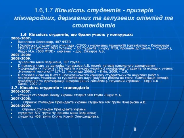 1.6,1.7 Кількість студентів - призерів міжнародних, державних та галузевих олімпіад та стипендіатів