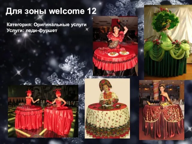 Для зоны welcome 12 Категория: Оригинальные услуги Услуги: леди-фуршет