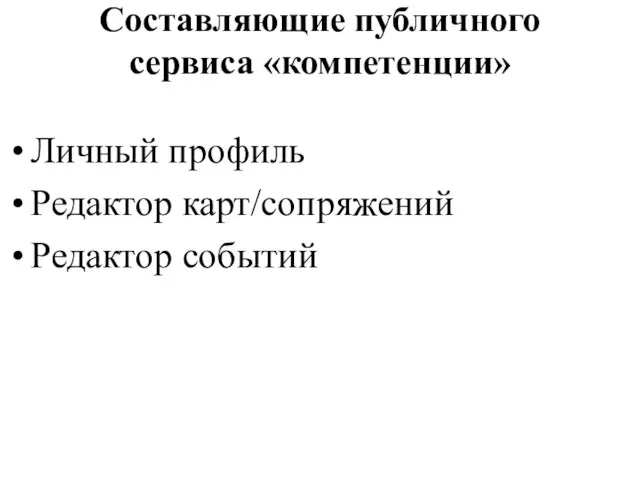 Составляющие публичного сервиса «компетенции» Личный профиль Редактор карт/сопряжений Редактор событий