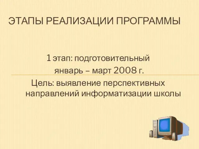 1 этап: подготовительный январь – март 2008 г. Цель: выявление перспективных направлений