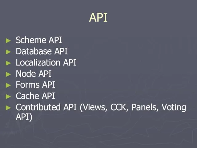 API Scheme API Database API Localization API Node API Forms API Cache