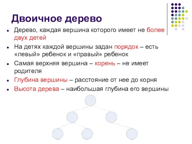 Двоичное дерево Дерево, каждая вершина которого имеет не более двух детей На